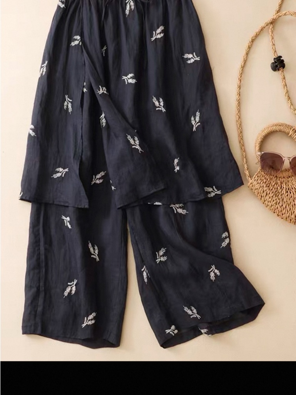 Embroidered Black Linen Wide-Leg Set